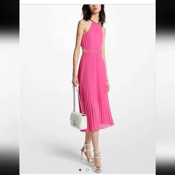 MICHAEL Michael Kors | Dresses | 395 Micheal Michael Kors Pleated Georgette  Cutout Dress Halter Neck Pink | Poshmark